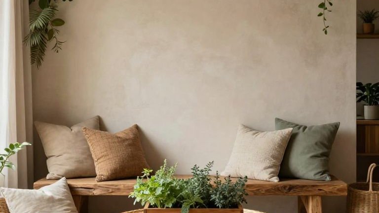Eco-friendly living room with rattan and reclaimed wood decor
