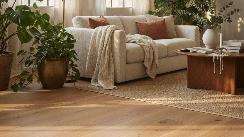 Warm hardwood flooring in a light-filled living room