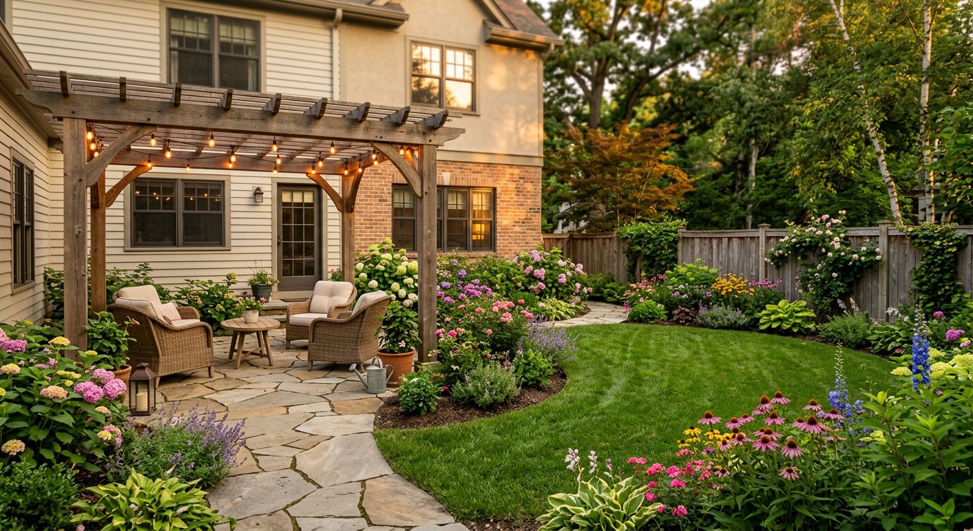 Backyard garden with stone patio and pergola lights