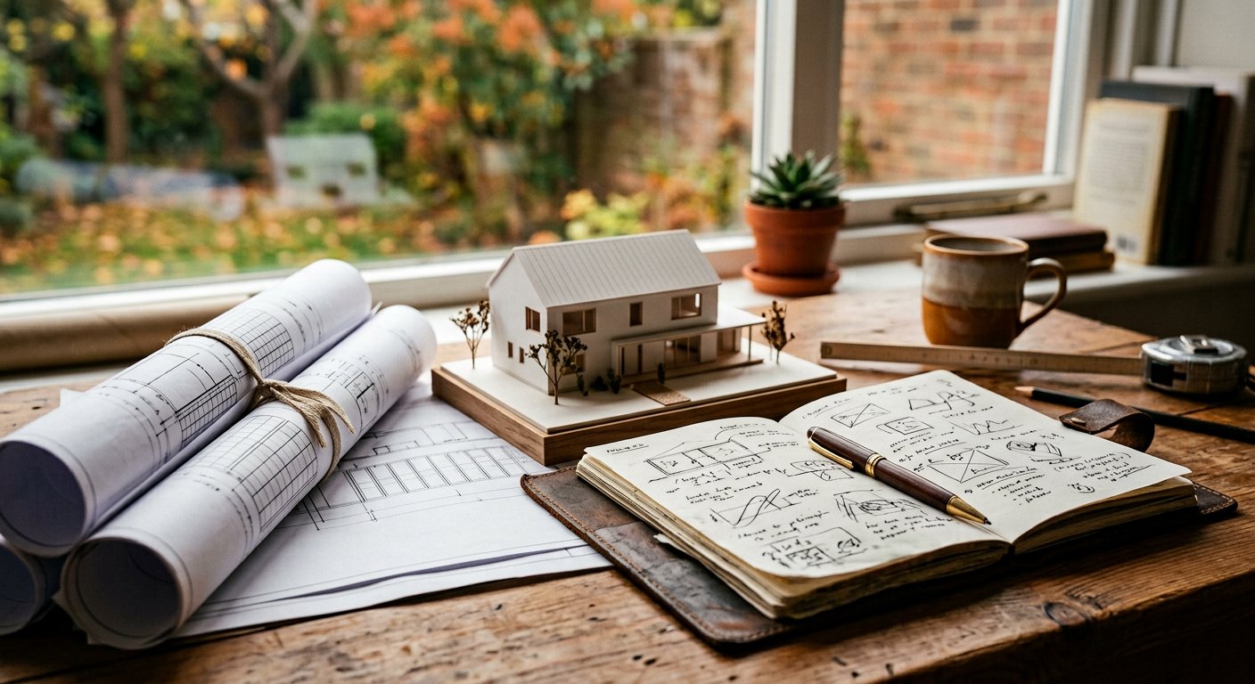 Blueprints and a house model on a planning desk